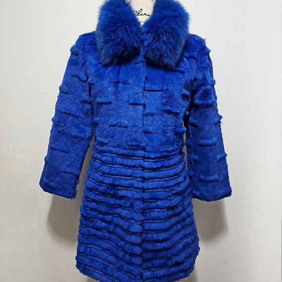 New Real Rex Rabbit Fur Coat Jacket Royal Cobalt Blue Azure Fox Collar No Mink - Picture 1 of 5